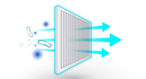 Illustration of germs and particles being caught by an air filter. 3 bright blue arrows show the direction of air flow with the particles unable to pass through the filter