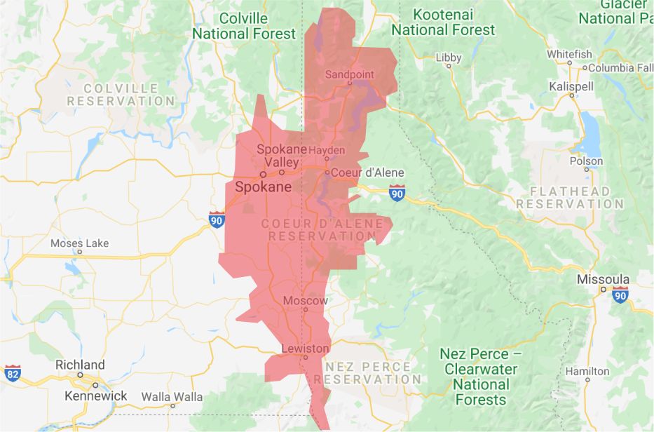Map of the area around C'oeur D'Alene, Idaho, with service areas highlighted in red.