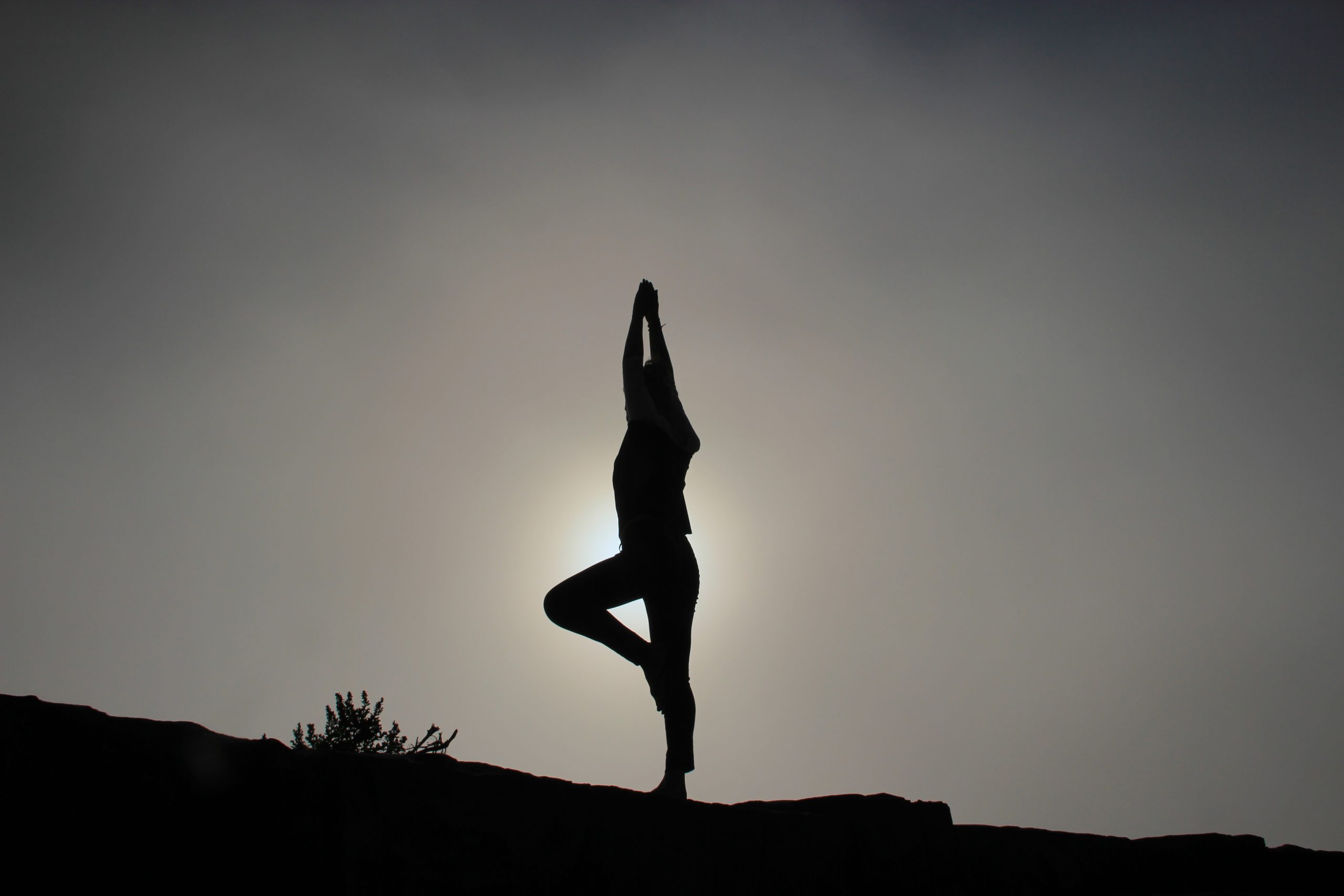 Silhouette of a person in a yoga tree pose