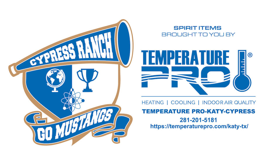 Blue emblem with a globe, trophy, and illustration of an atom inside with a banner reading 'Cypress Ranch Go Mustangs'. Next to the badge, blue text reads 'Spirit items brought to you by TemperaturePro: heating, cooling, indoor air quality. TemperaturePro Katy-Cypress 281-201-5181 https://temperaturepro.com/katy-tx/'.