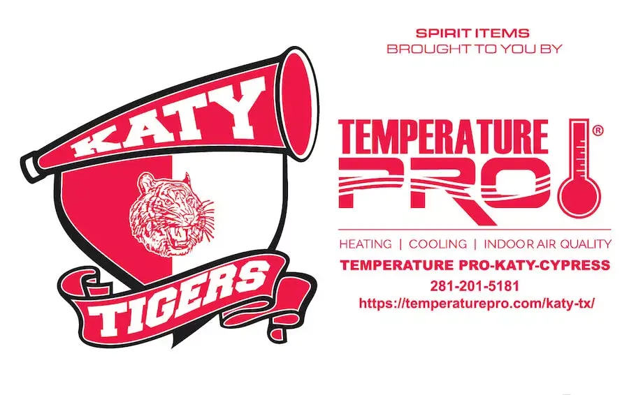 Red emblem with a tiger inside and a banner reading 'Katy Tigers'. Next to the badge, red text reads 'Spirit items brought to you by TemperaturePro: heating, cooling, indoor air quality. TemperaturePro Katy-Cypress 281-201-5181 https://temperaturepro.com/katy-tx/'.
