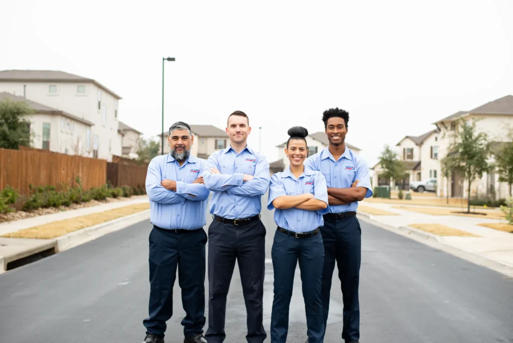 Four Buxmont heating technicians from TemperaturePro standing in the street while smiling with their arms crossed.