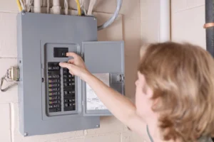 Person checking switches on residential breaker panel in McKinney, Texas.