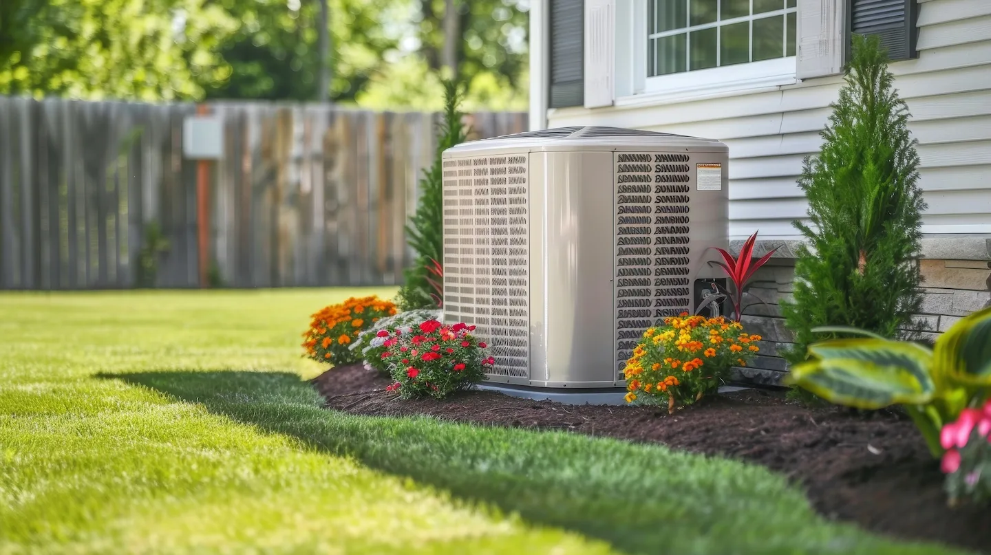 Heat pump in flower bed on side home in San Jose, California.
