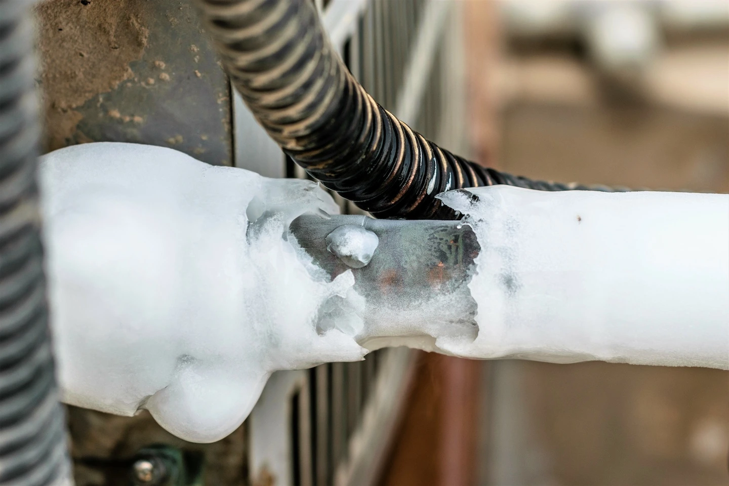 Frozen pipe on an outdoor air conditioning unit in Tulsa, Oklahoma.
