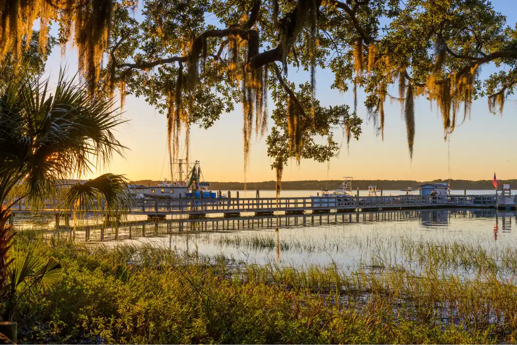 Pier in Hilton Head, South Carolina with moss hanging from trees