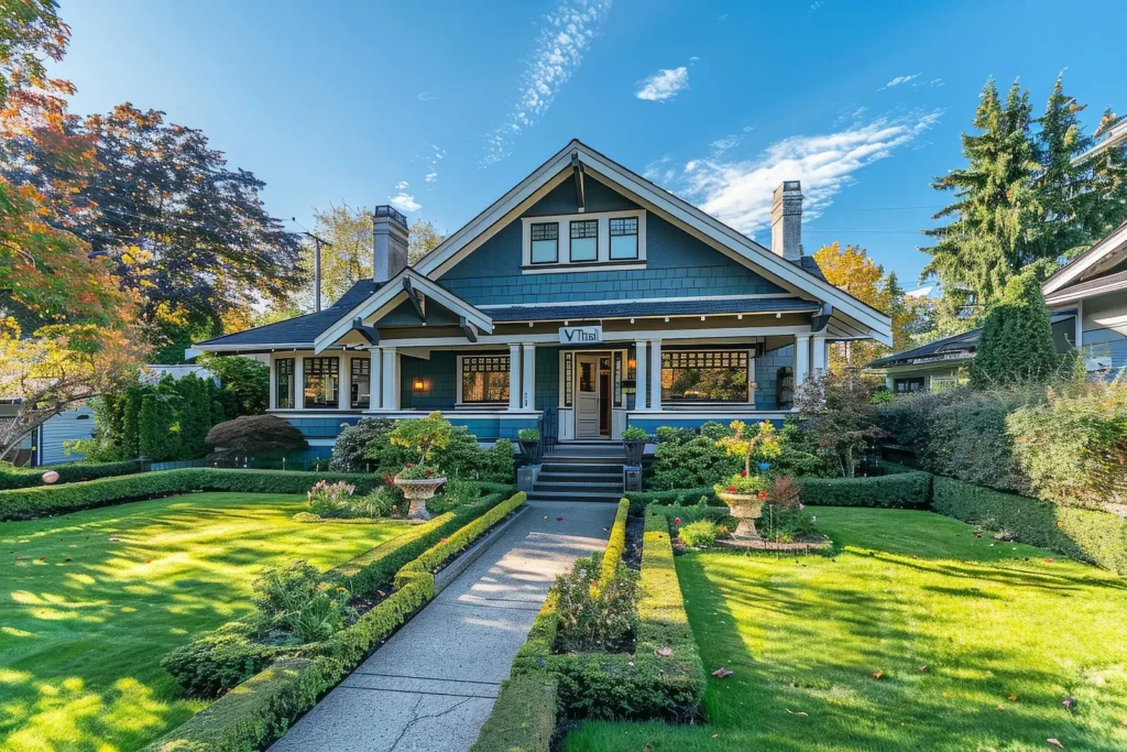 Traditional home in Kirkland with green lawn, trimmed hedges, wooden porch, and white trim.