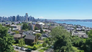 Aerial view of downtown Seattle seen from the West.