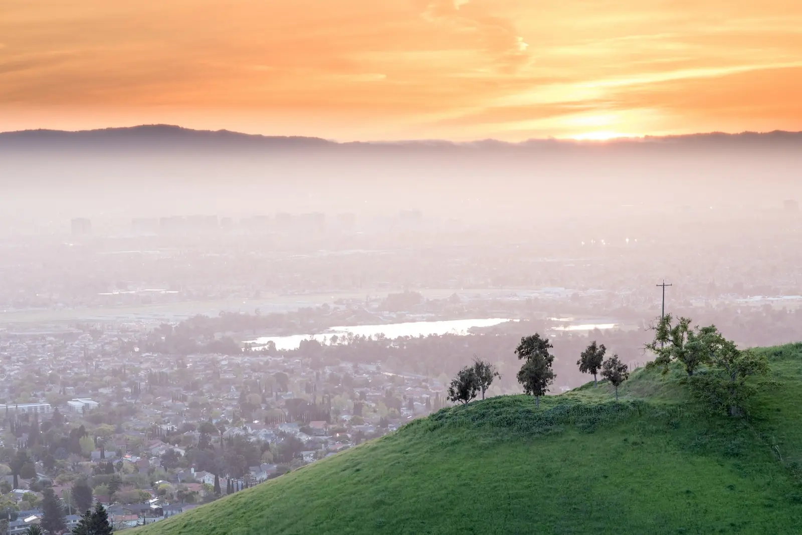 Smoggy skyline in Silicon Valley during sunrise. 