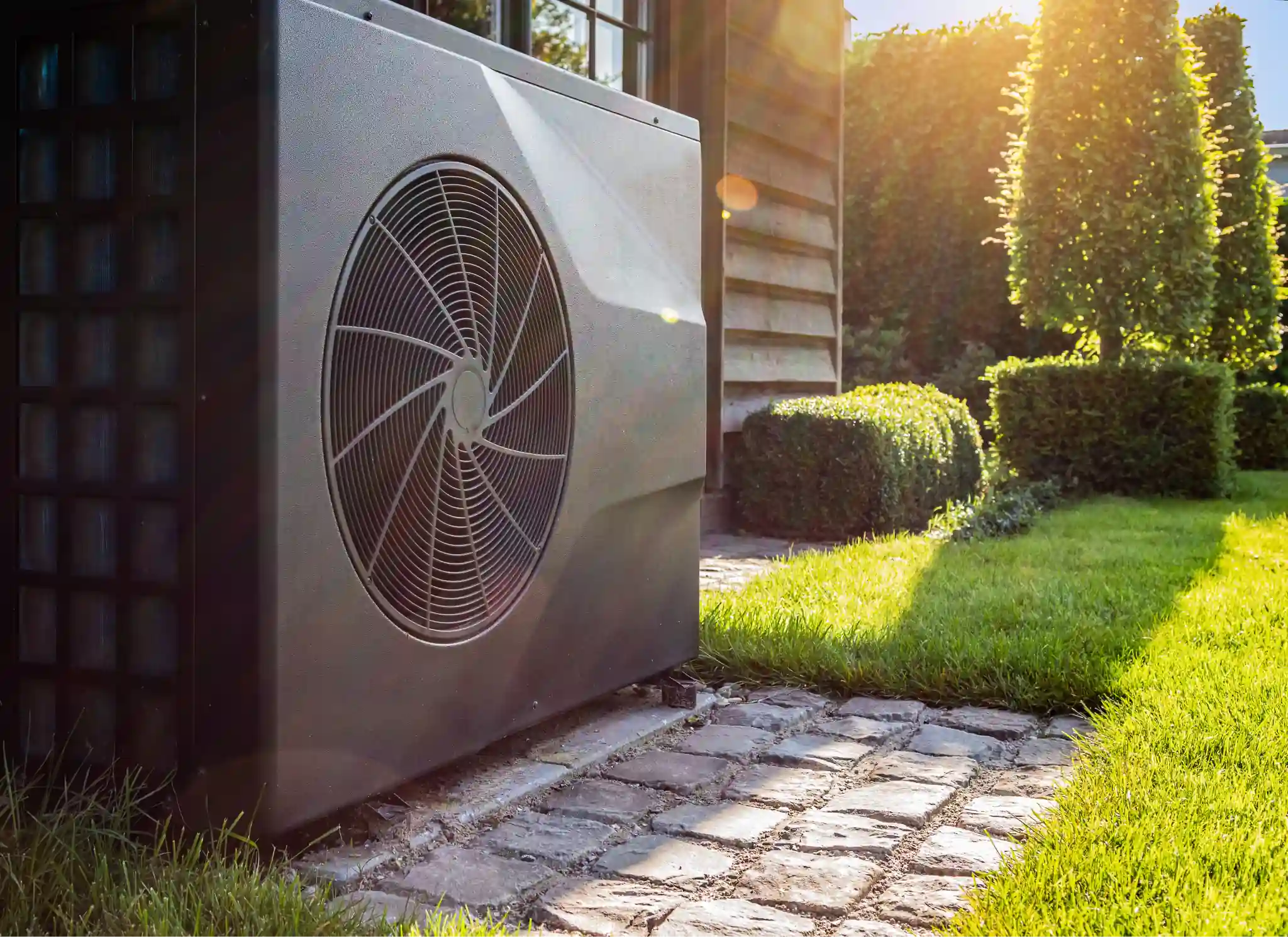 Heat pump on a stone platform in the backyard of a home in West Seattle.