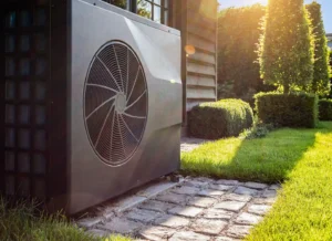 Heat pump system on concrete slab in the yard of a home in Bluffton, South Carolina.