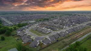 Pictured during sunset is a suburban neighborhood near Tulsa, Oklahoma.