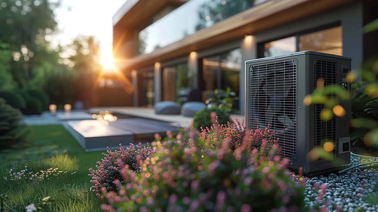 Heat pump in gravel bed on side yard of modern home in San Jose, California.