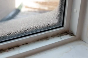 Window seal with mold around edges.