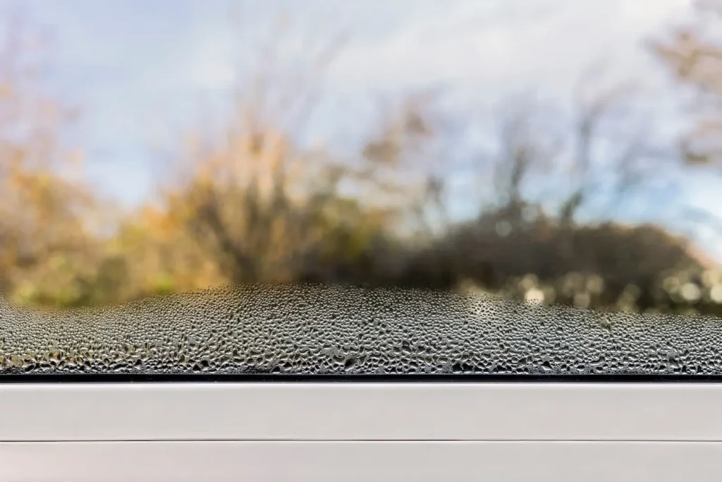 Condensation on window inside of home in Sammamish, Washington Pacific Northwest.