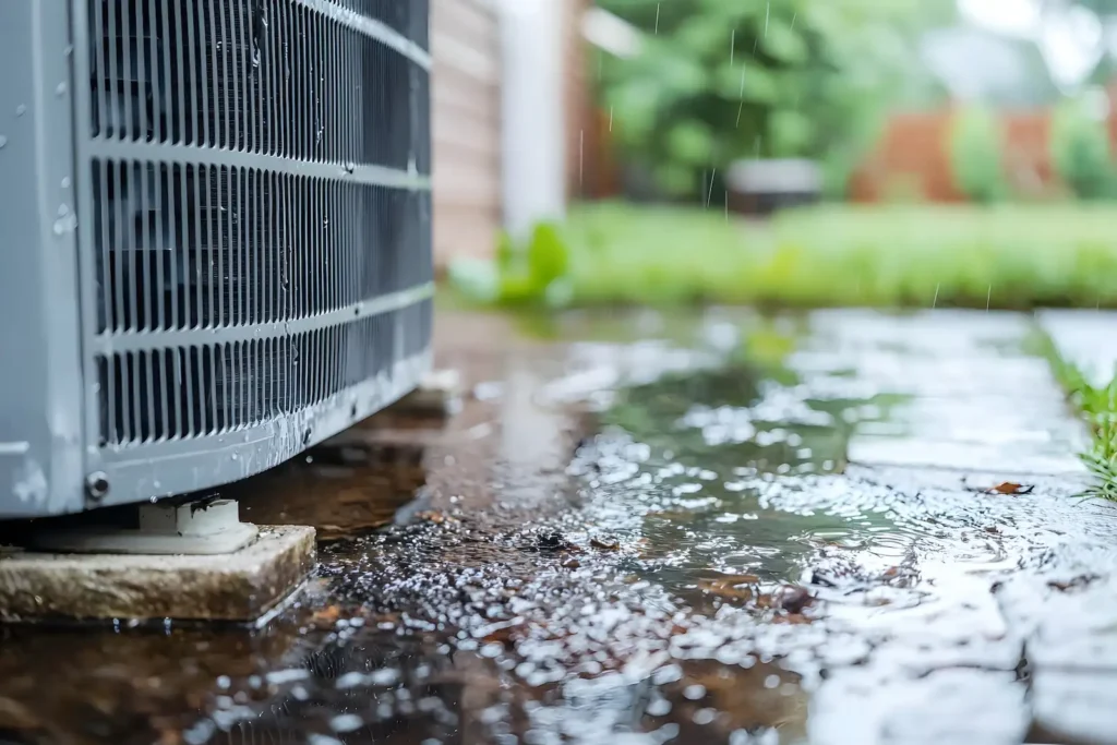 Outside AC unit seen up close on a rainy day in San Jose.