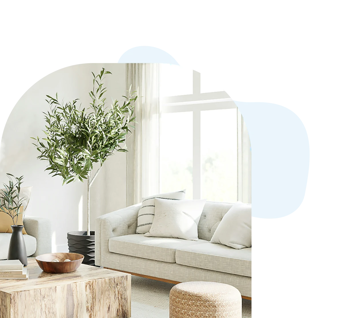 Living room in San Jose, CA, brightly lit and beige in color.