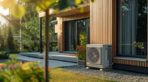 A sleek, modern heat pump outdoor unit installed efficiently outside a San Jose home, highlighting energy-efficient heating and cooling technology.