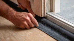 Saskatoon homeowner using weather stripping to seal doors for the winter.