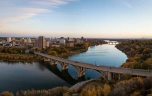 Bridge over Saskatchewan River during the fall season in Saskatoon, SK, Canada.