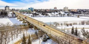 Saskatoon, Saskatchewan, Canada during the winter with snow covering ground.