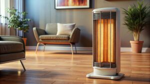 Safe placement of a space heater, showing clear space from flammable materials.