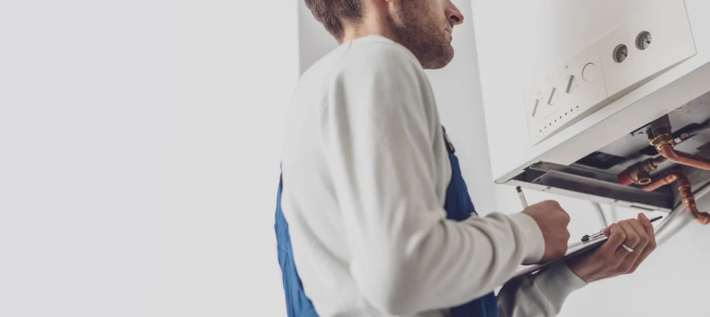 A plumber inspecting and testing a newly installed boiler.