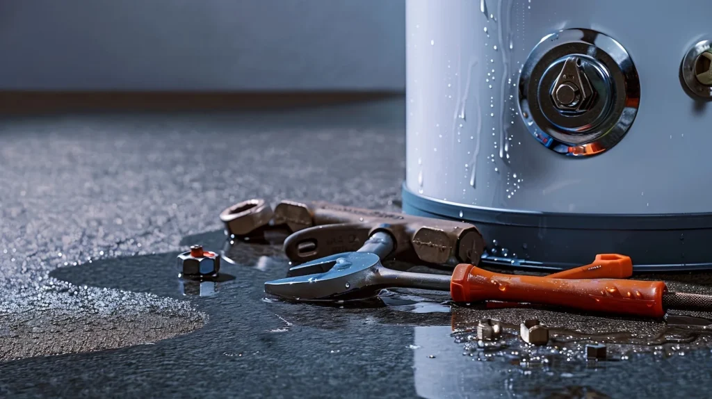 Boiler with a leak being repaired by a professional technician.