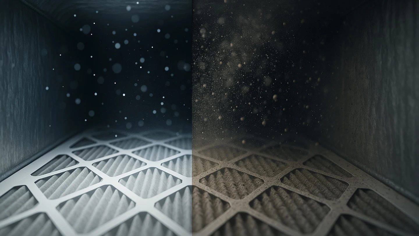 Clean vs Dirty filters showing the difference in dust and bacteria.