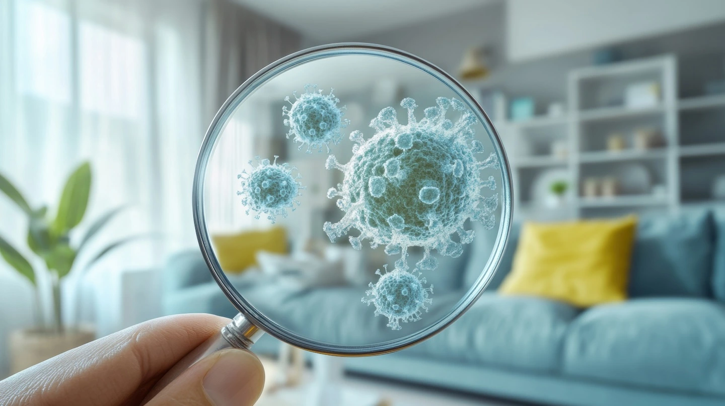 Magnifying glass showing potential bacteria in the air.
