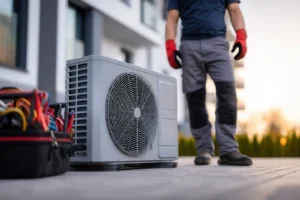 TemperaturePro technician standing by a new HVAC system.