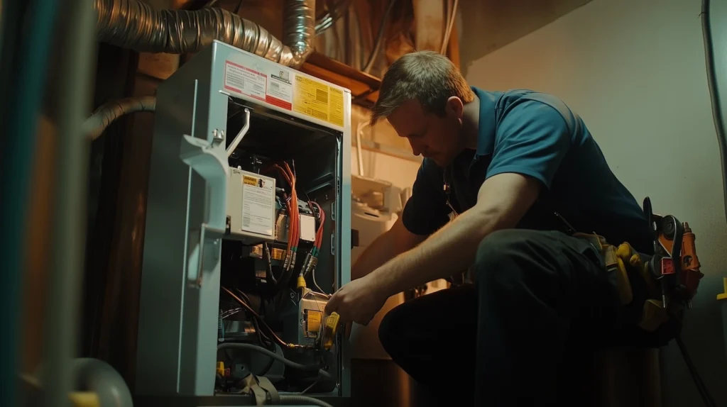 A furnace being inspected and repaired by a heating technician.