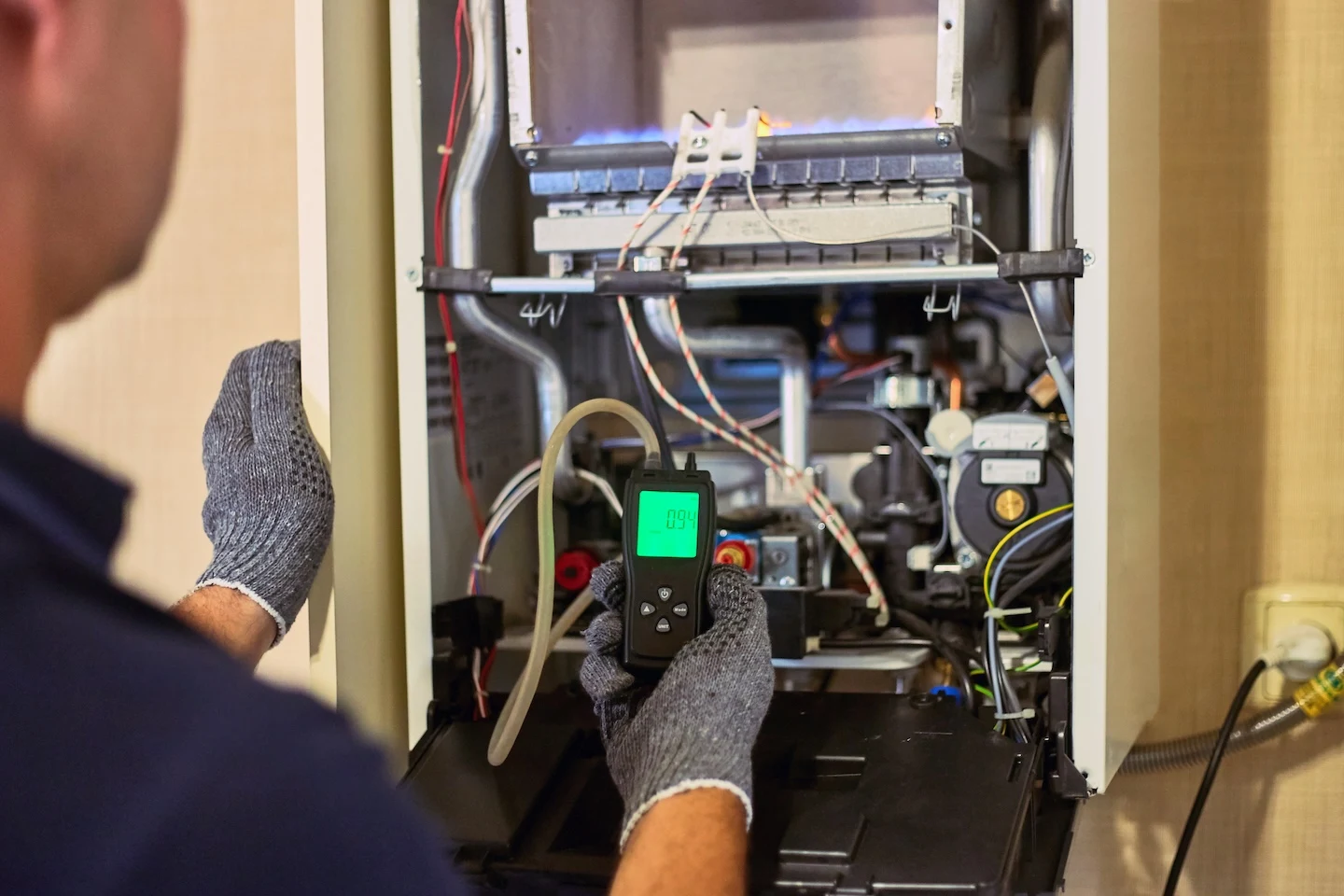 HVAC technician checking a heater to diagnose an issue.