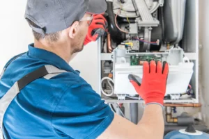 Heater technician testing an indoor unit for issues.