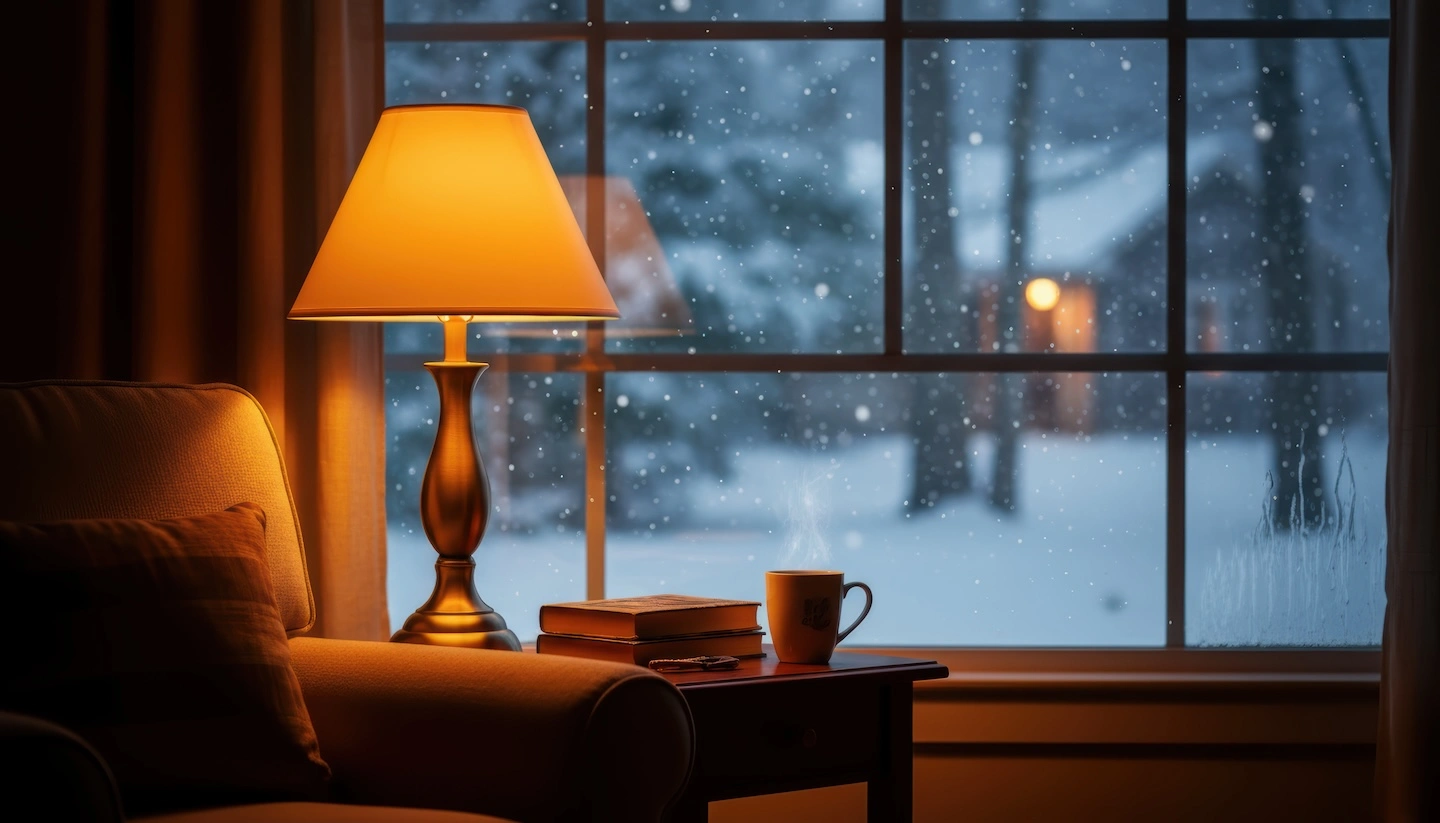 Lamp lighting a warm home as snow falls outside. 