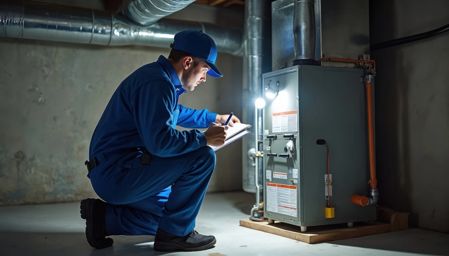 Technician inspecting a furnace in the basement of a home.
