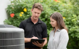 HVAC technician reviewing AC unit with homeowner outside in a backyard during a maintenance check
