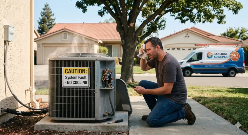 A frustrated San Jose homeowner kneels outside next to a non-functional AC condenser unit on a hot summer day, looking at a "NO COOLING" fault sign while a San Jose AC Repair service van arrives in the background.