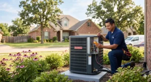 A professional Tulsa HVAC technician in a branded uniform performs a precision AC tune-up on a residential outdoor unit, checking electrical components in a neighborhood.