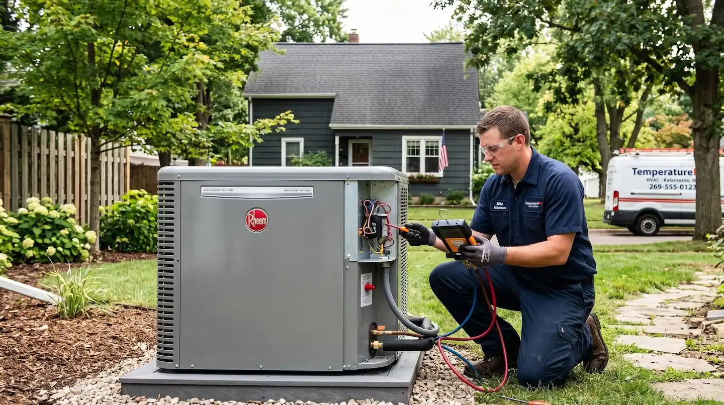 A professional TemperaturePro HVAC technician in uniform examining a newly installed outdoor heat pump unit in a Kalamazoo residential backyard.