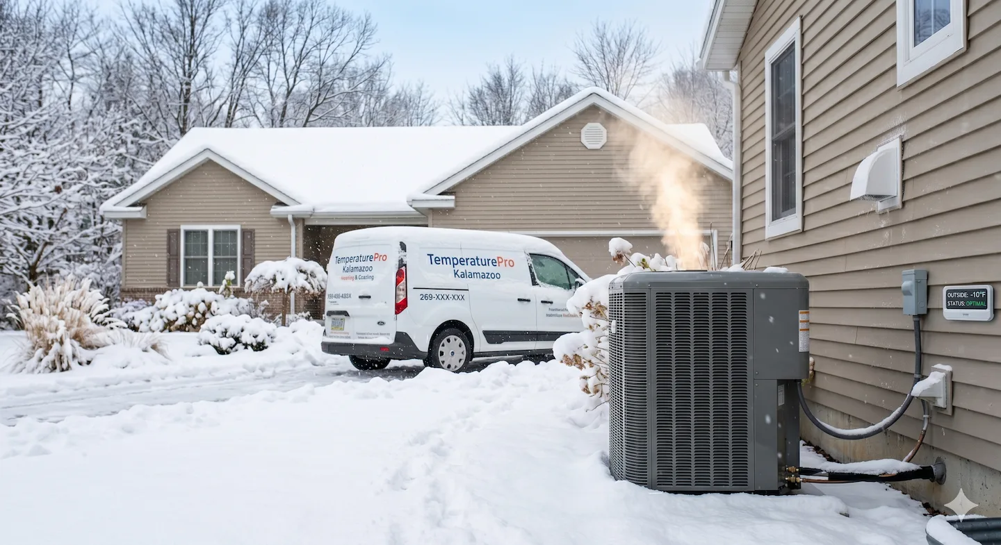 West Michigan home in winter with a modern cold-climate heat pump installed outdoors — snow on ground, showing reliable cold-weather performance
