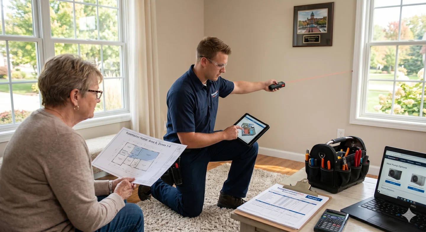 TemperaturePro technician performing a Manual J load calculation during a heat pump installation consultation in a Kalamazoo home