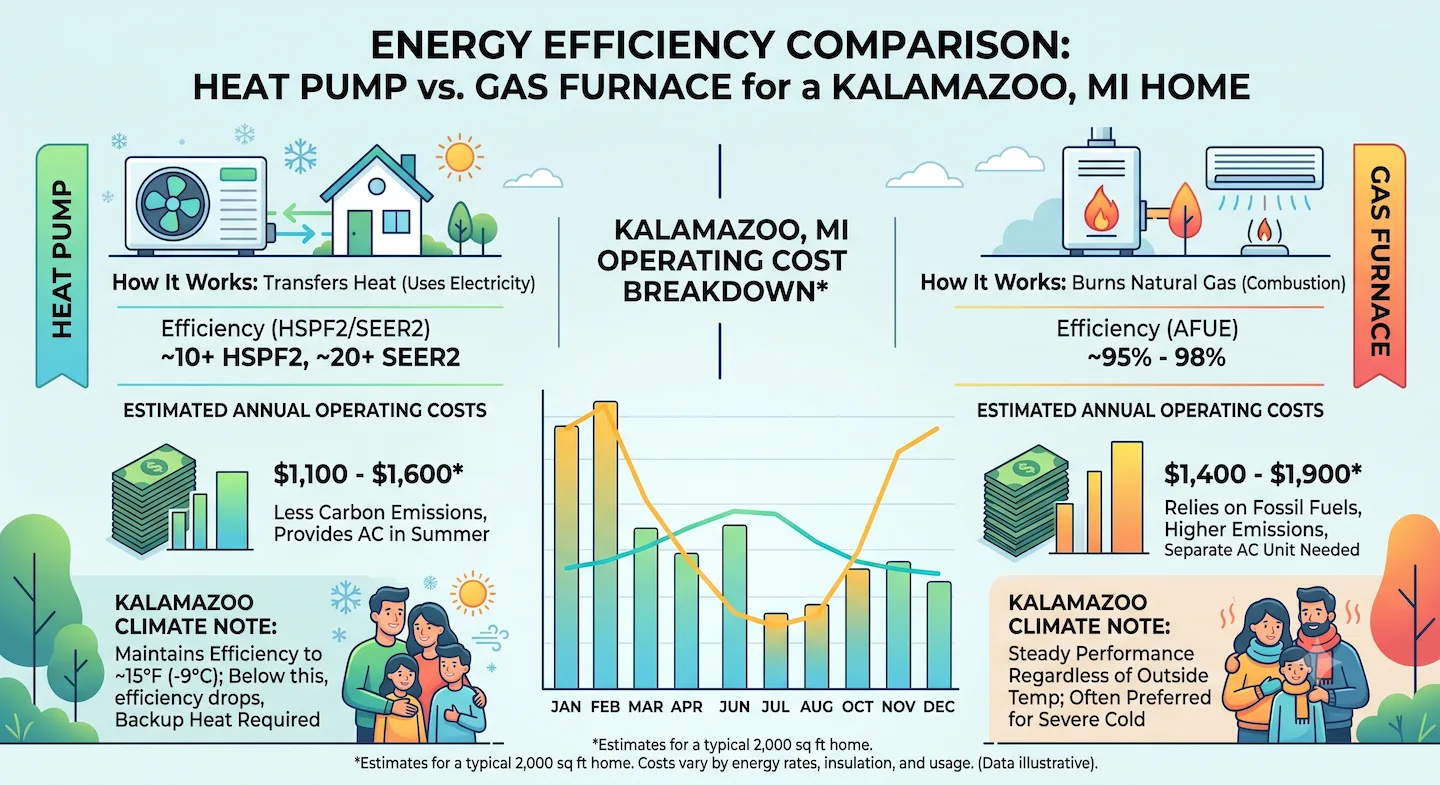 Energy efficiency infographic comparing heat pump vs. gas furnace operating costs for a Kalamazoo, MI home
