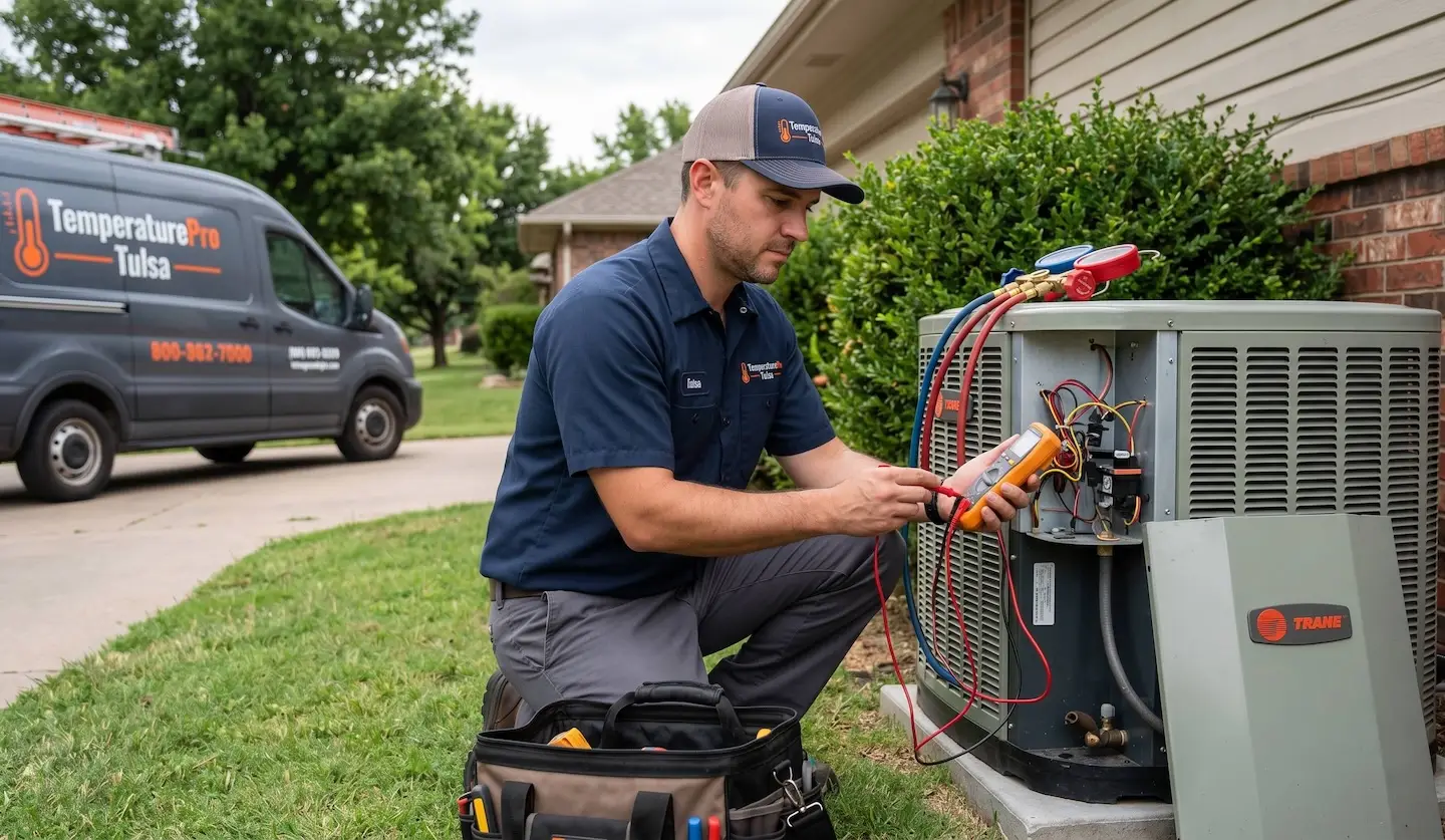 TemperaturePro Tulsa HVAC technician diagnosing an outdoor heat pump unit at a Tulsa, OK residential property