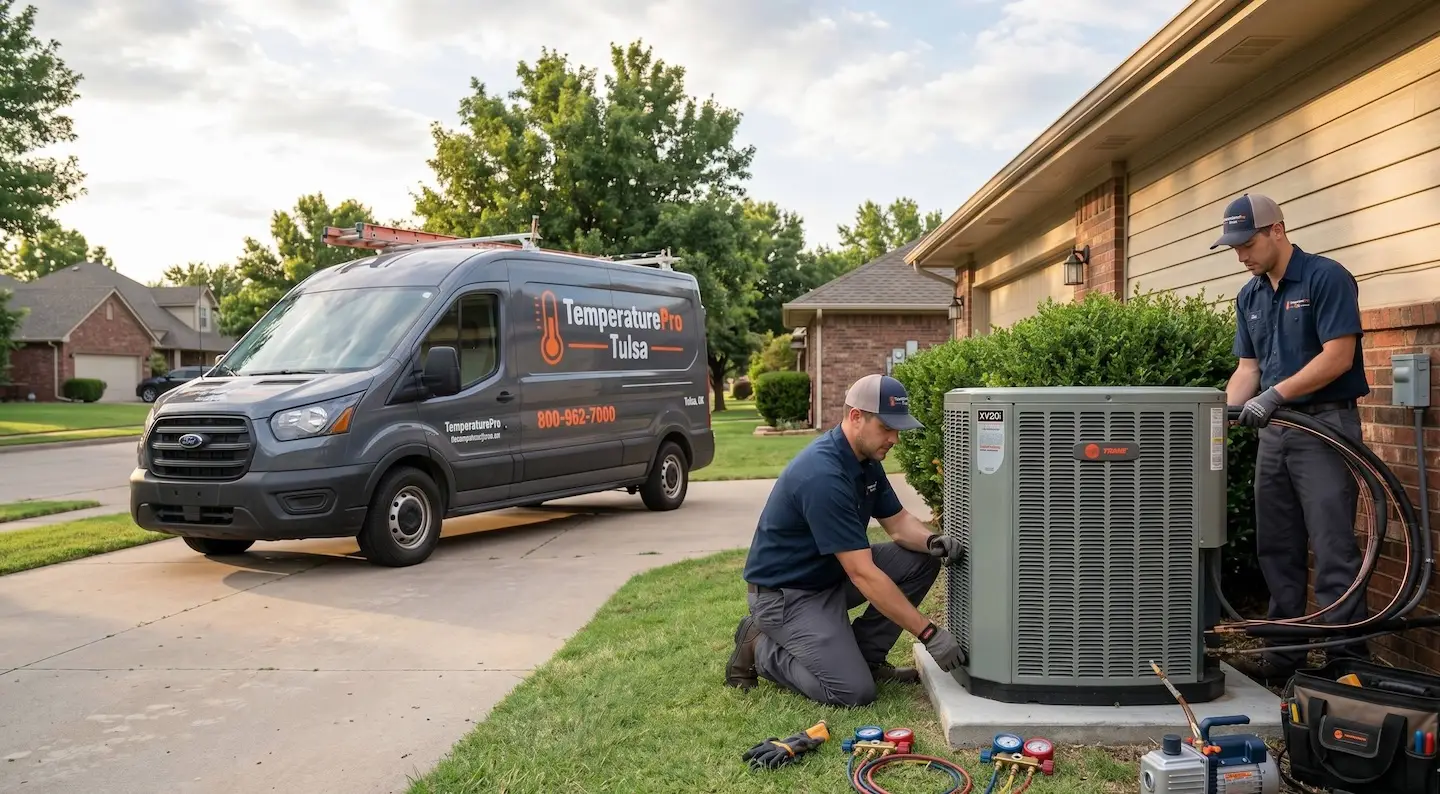 TemperaturePro Tulsa technicians installing a new high-efficiency heat pump system at a residential property in Tulsa, OK