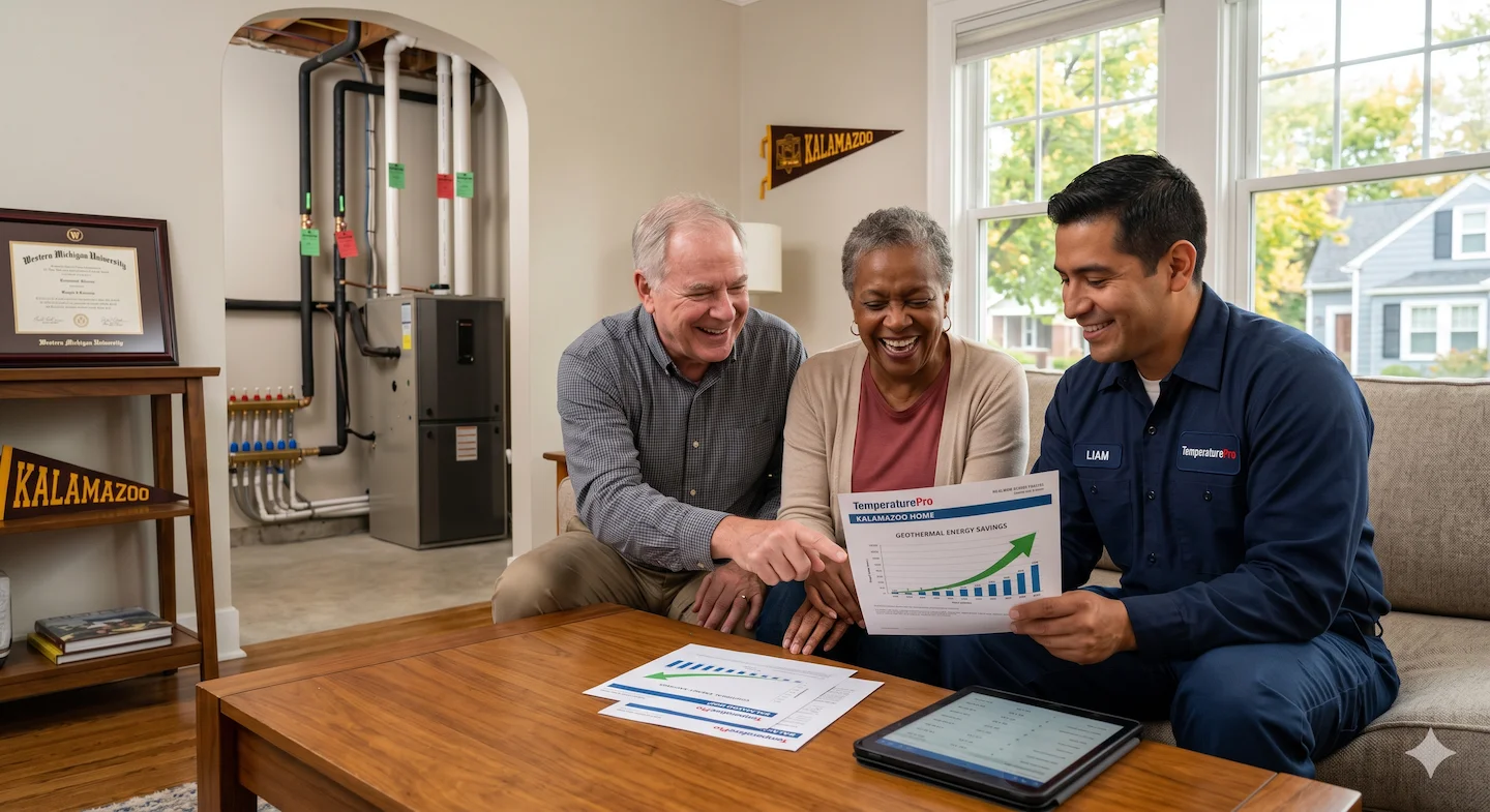 Happy Kalamazoo homeowners reviewing energy savings with a TemperaturePro technician after geothermal heat pump installation