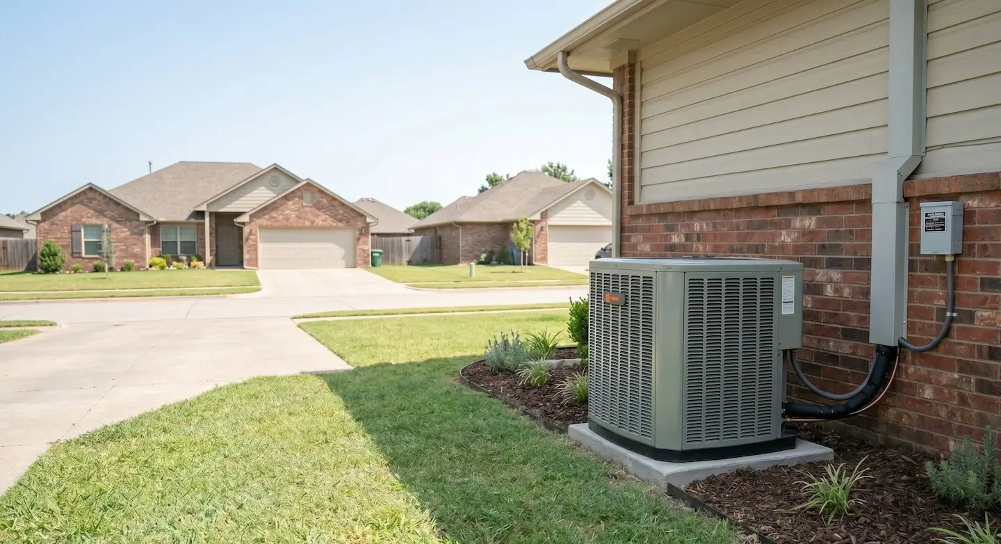 Modern high-efficiency heat pump unit installed at a Tulsa Oklahoma home, showing clean outdoor installation with professional finish