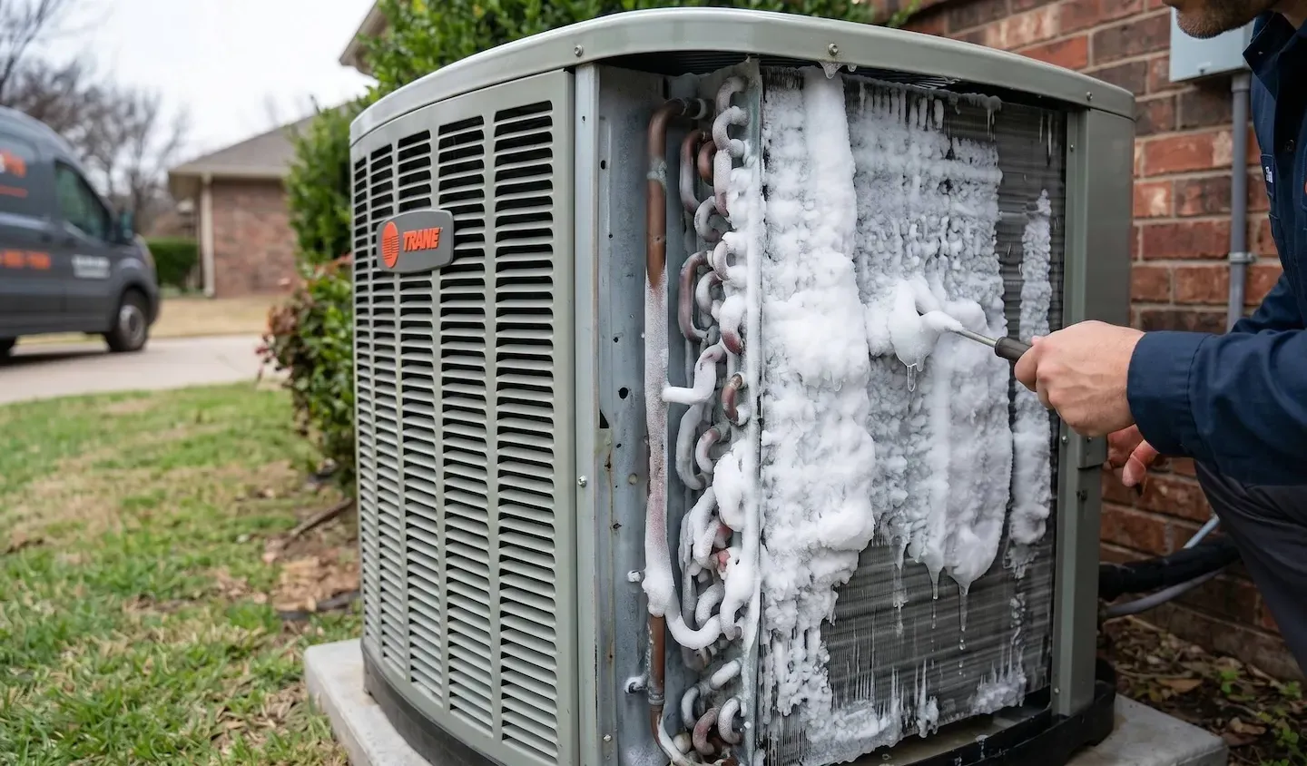 Close-up of a heat pump outdoor unit showing ice buildup on coils — illustrating a common repair scenario in Tulsa, OK