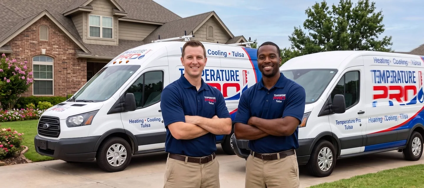 Temperature Pro Tulsa hvac technicians smiling while standing in front of TemperaturePro branded vehicles.