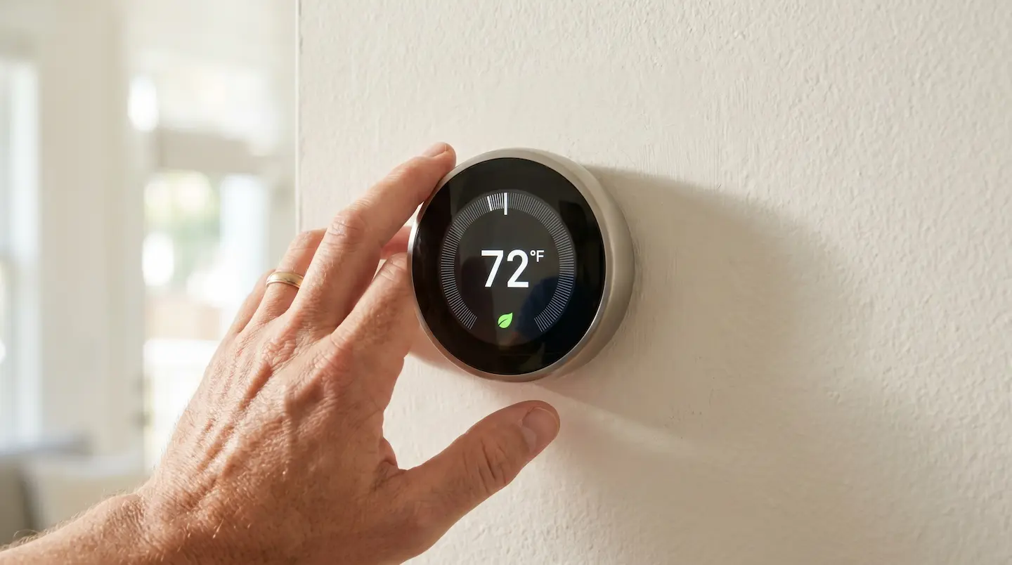 Homeowner adjusting a smart thermostat set to 72 degrees